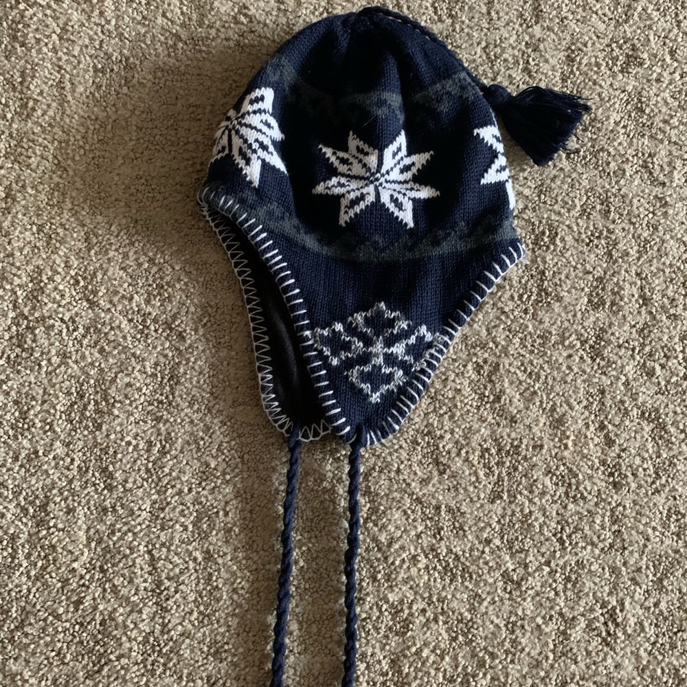 O/S Peruvian Helmet Style Earflap Strings Beanie Knit Hat Black (EUC)